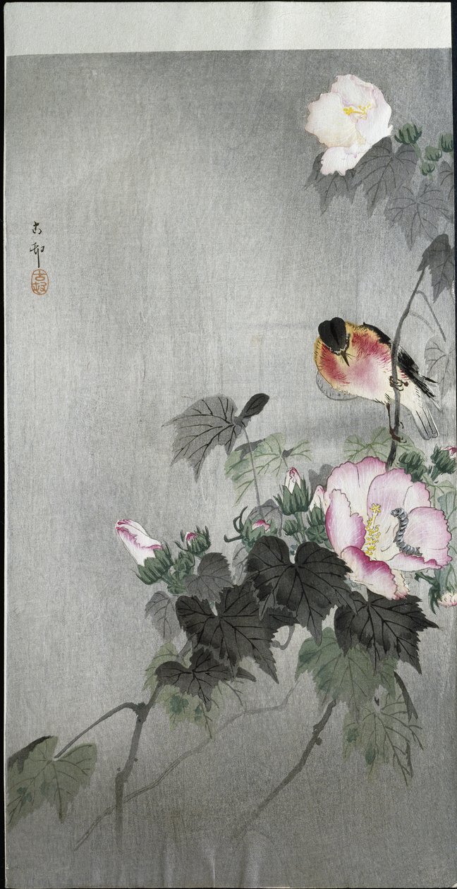 Stonechat and Blossoming Flower, 1907 av Ohara Koson