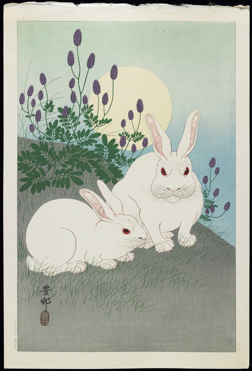 Två vita kaniner under en fullmåne, 1930-talet av Ohara Koson