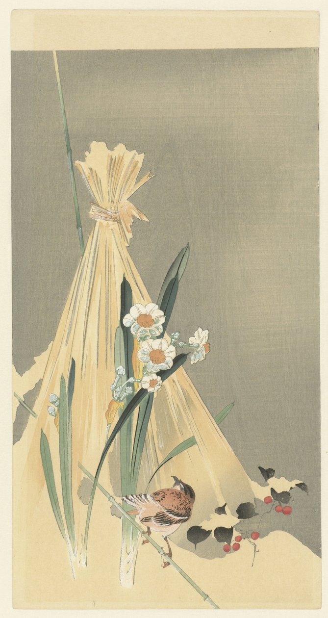Sångfågel vid höbunt av Ohara Koson (attributed to)