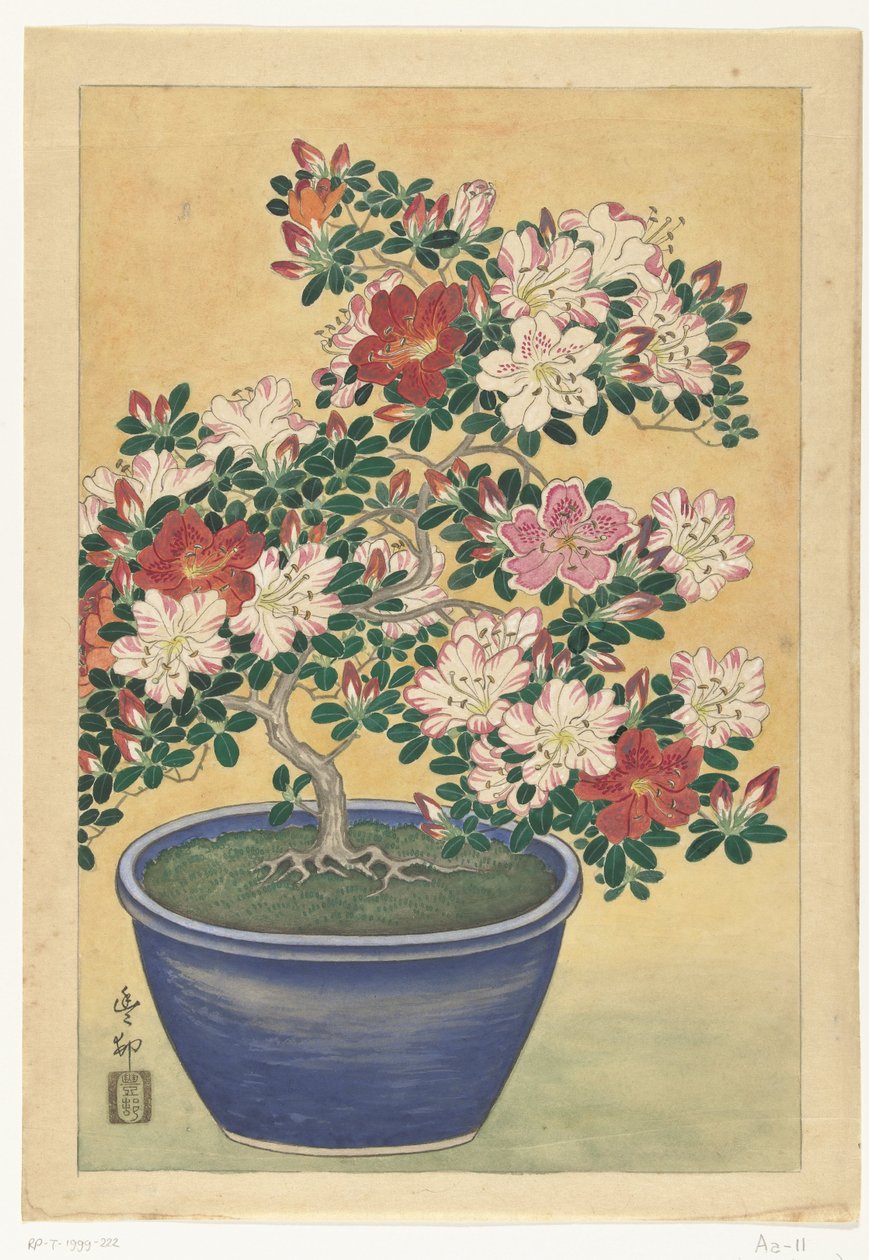 Blommande azalea i blå kruka av Ohara Koson (signed by artist)