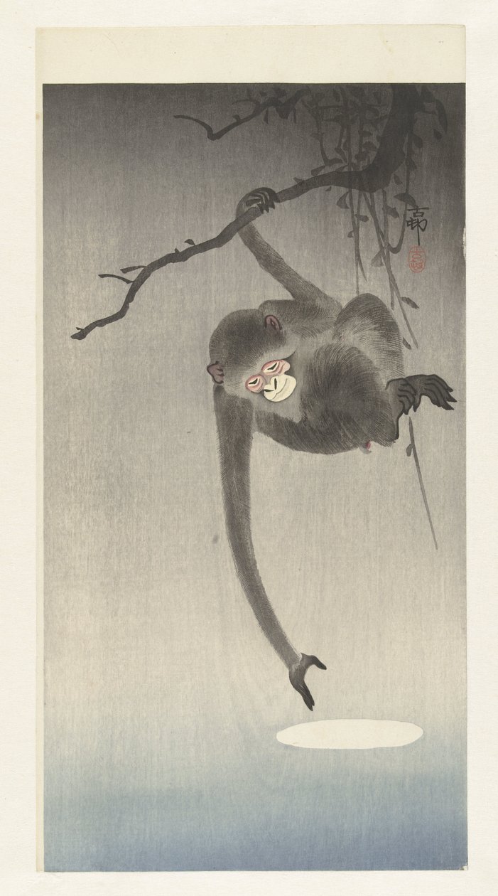 Apa och reflektion av månen av Ohara Koson