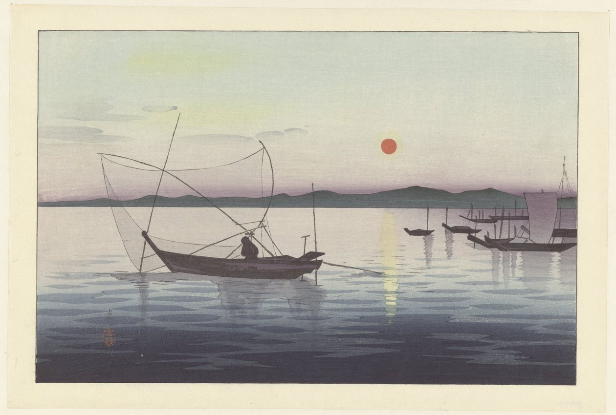 Båtar och solnedgång. av Ohara Koson