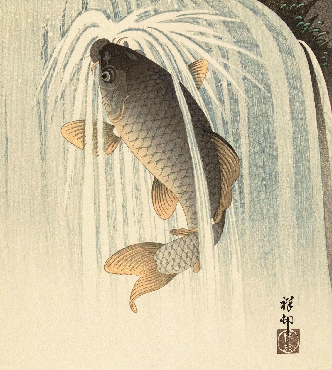 Karp under ett vattenfall, av den japanska konstnären Ohara Koson av Ohara Koson