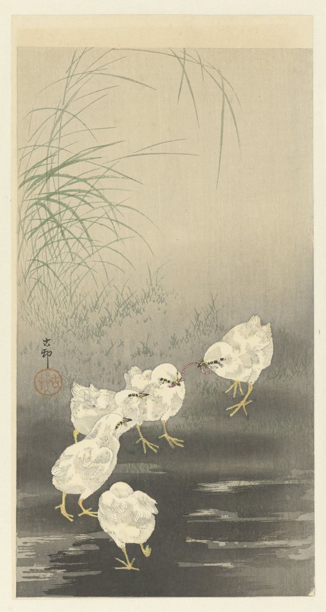 Kycklingar och mask av Ohara Koson