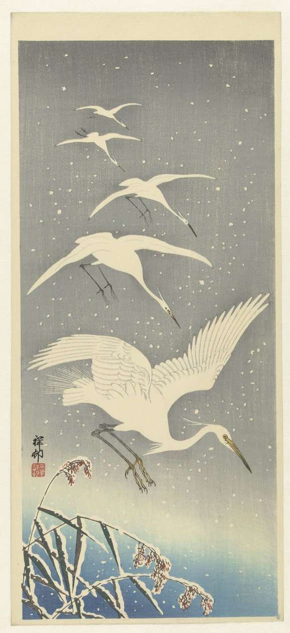Fallande hägrar i snö av Ohara Koson