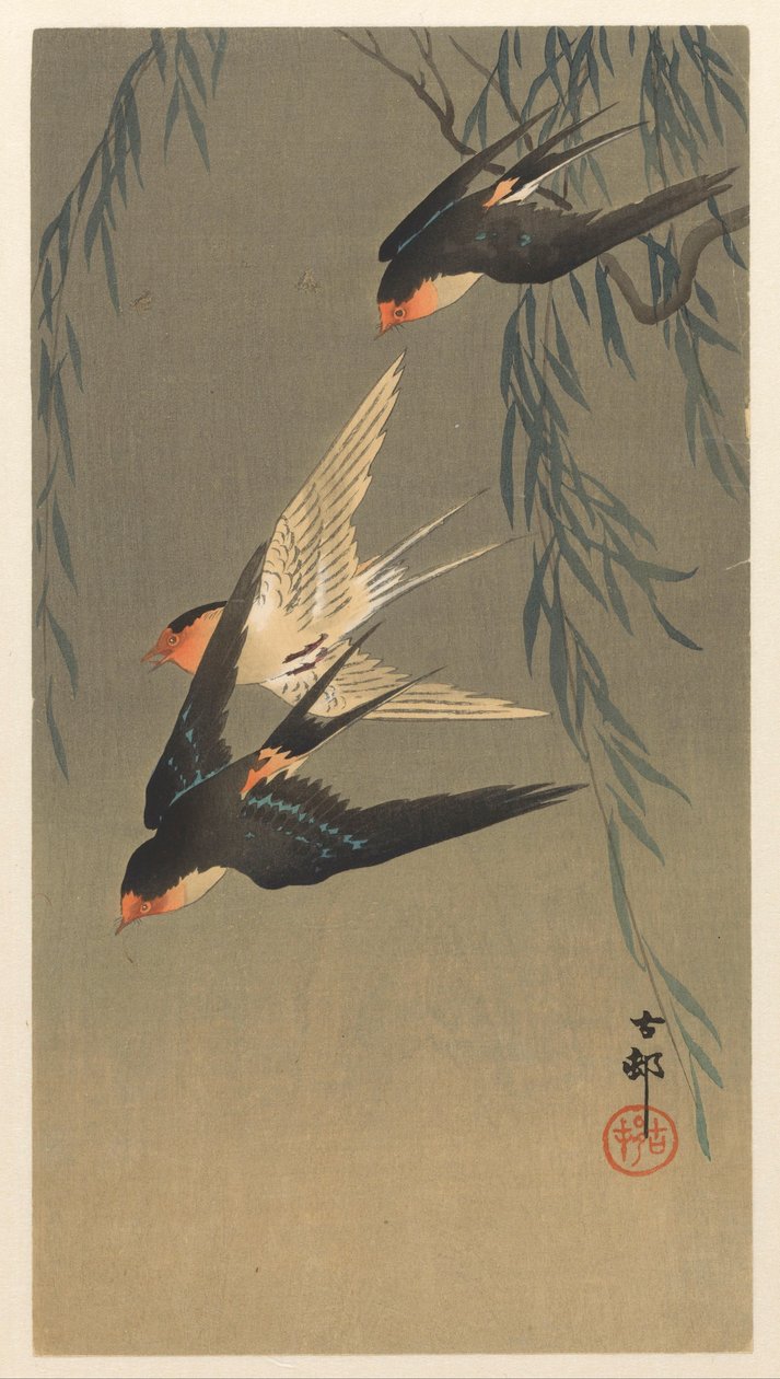 Tre rödgumpade svalor i ett dyk av Ohara Koson