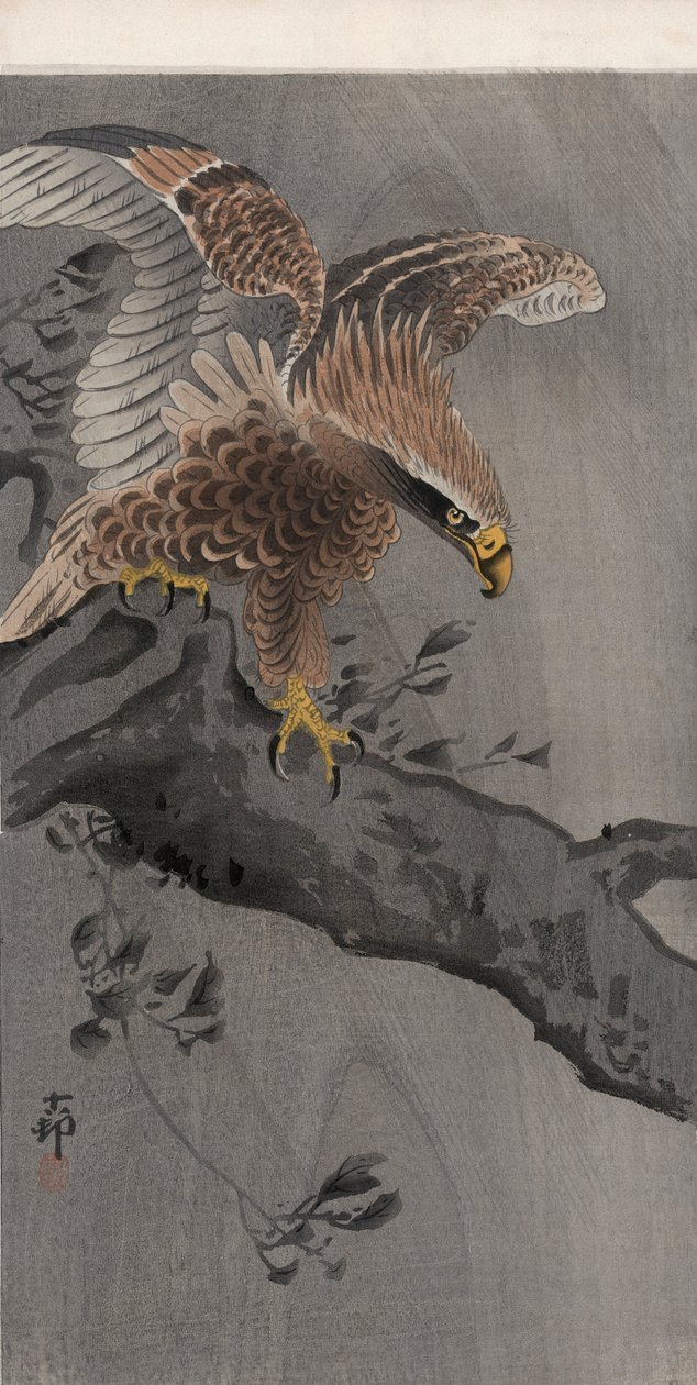 Örn med spridda vingar på trädstam (träblock i färg) av Ohara Koson