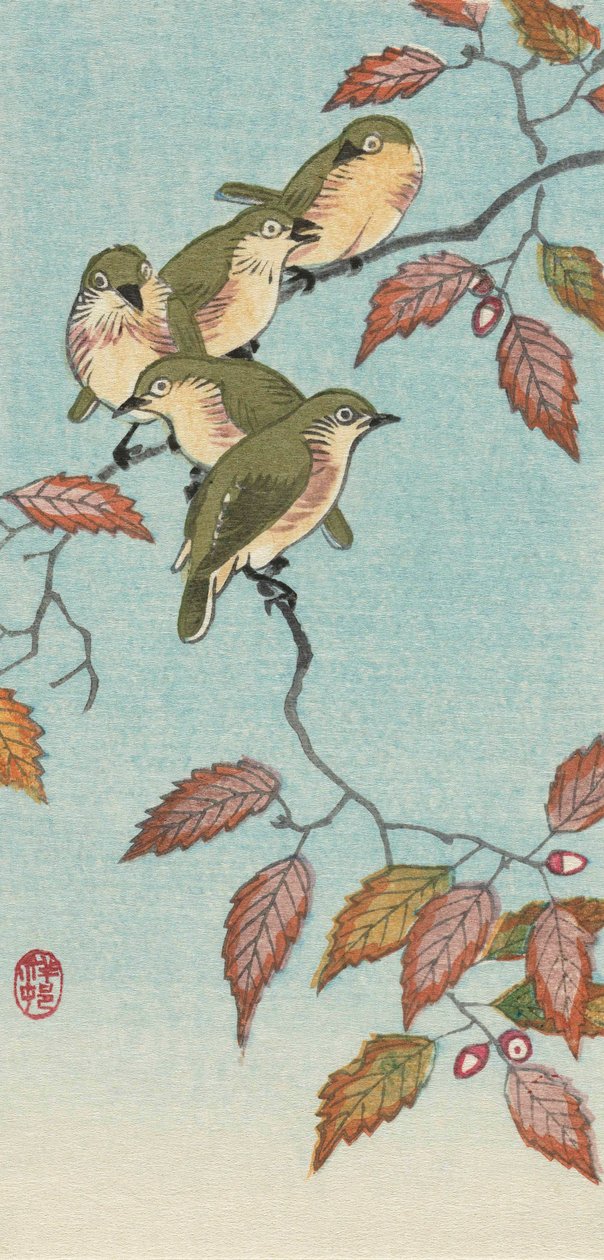 Fem små fåglar på en kvist, av den japanska konstnären Ohara Koson av Ohara Koson