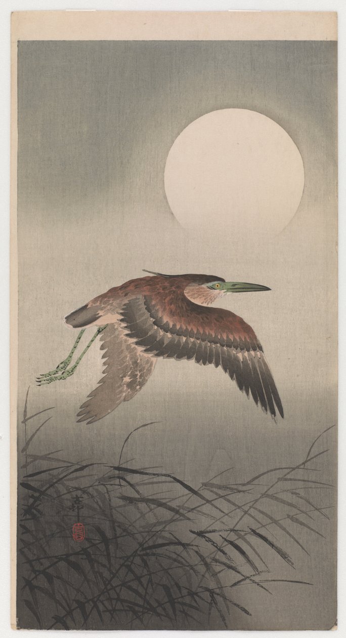 Flying Heron And Full Moon (träblock i färg) av Ohara Koson