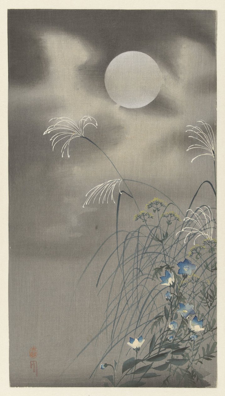 Gräs och blommor vid fullmåne av Ohara Koson