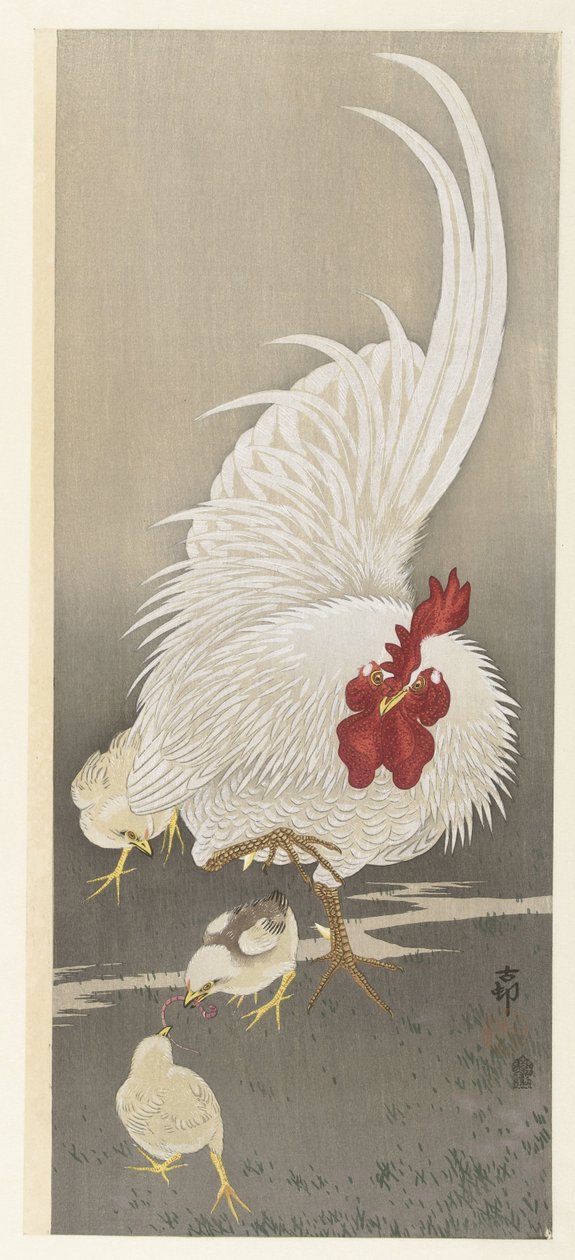 Tupp och tre ungar av Ohara Koson