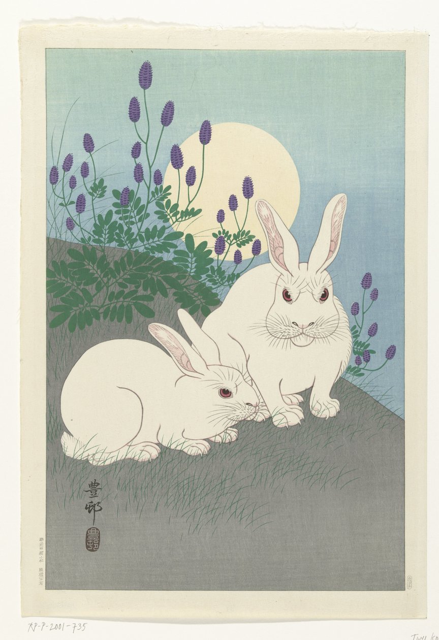 Kaniner vid fullmåne av Ohara Koson
