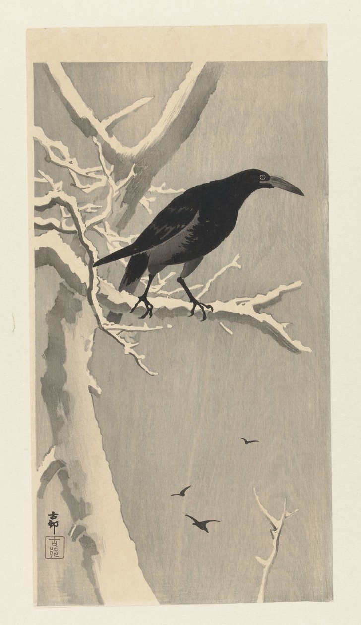 Kråka på snöig trädgren. av Ohara Koson