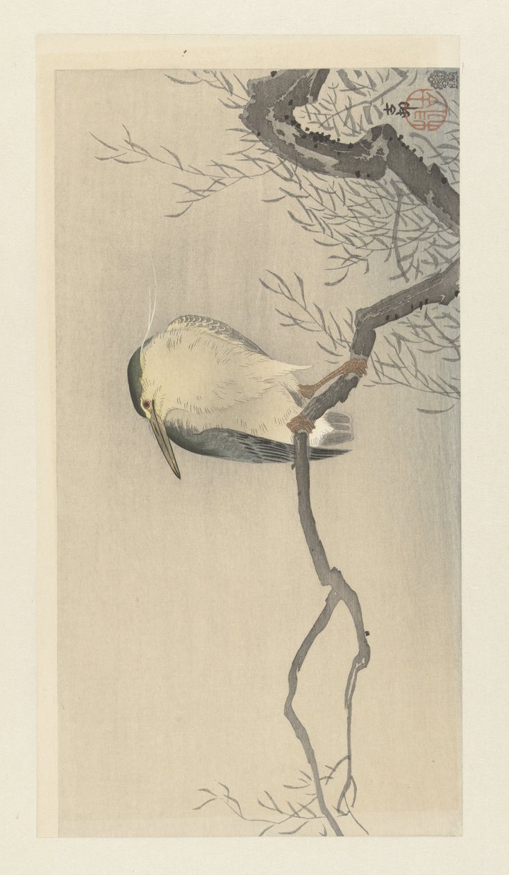 Kwak på nyckfull gren. av Ohara Koson
