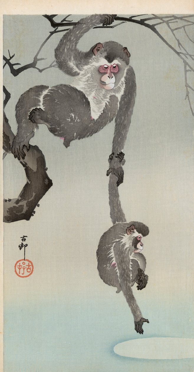 Apa och baby som sträcker sig efter månens reflektion av Ohara Koson