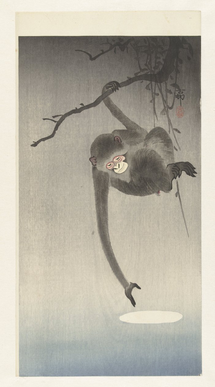 Monkey sträcker sig efter reflektion av månen av Ohara Koson