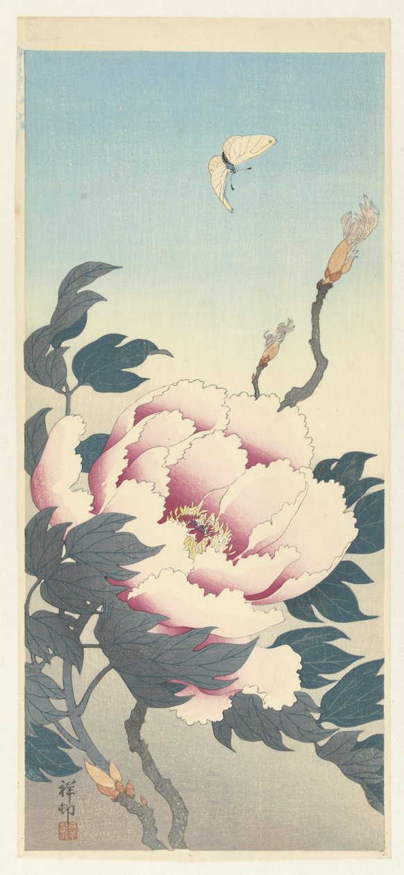 Pion och en fjäril av Ohara Koson