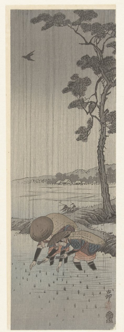 Risplanterare i regnet av Ohara Koson