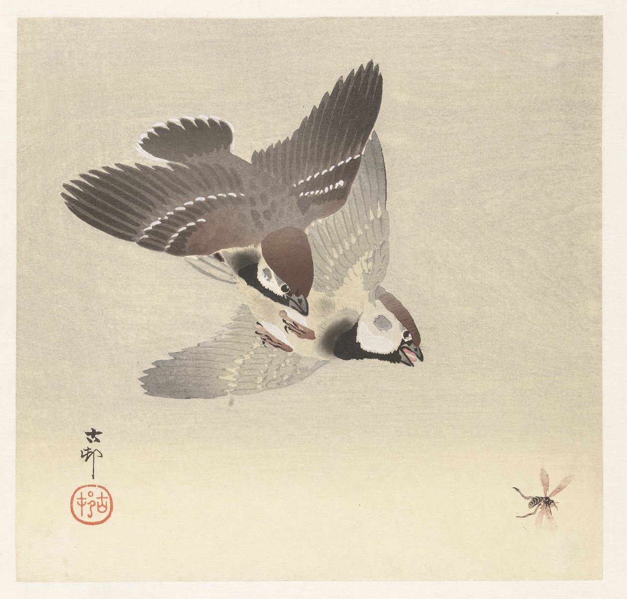 Ringsparvar och insekter av Ohara Koson