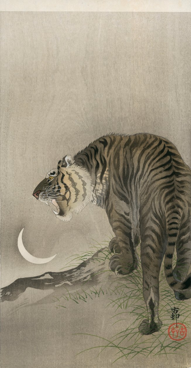 Rytande tiger och halvmåne av Ohara Koson