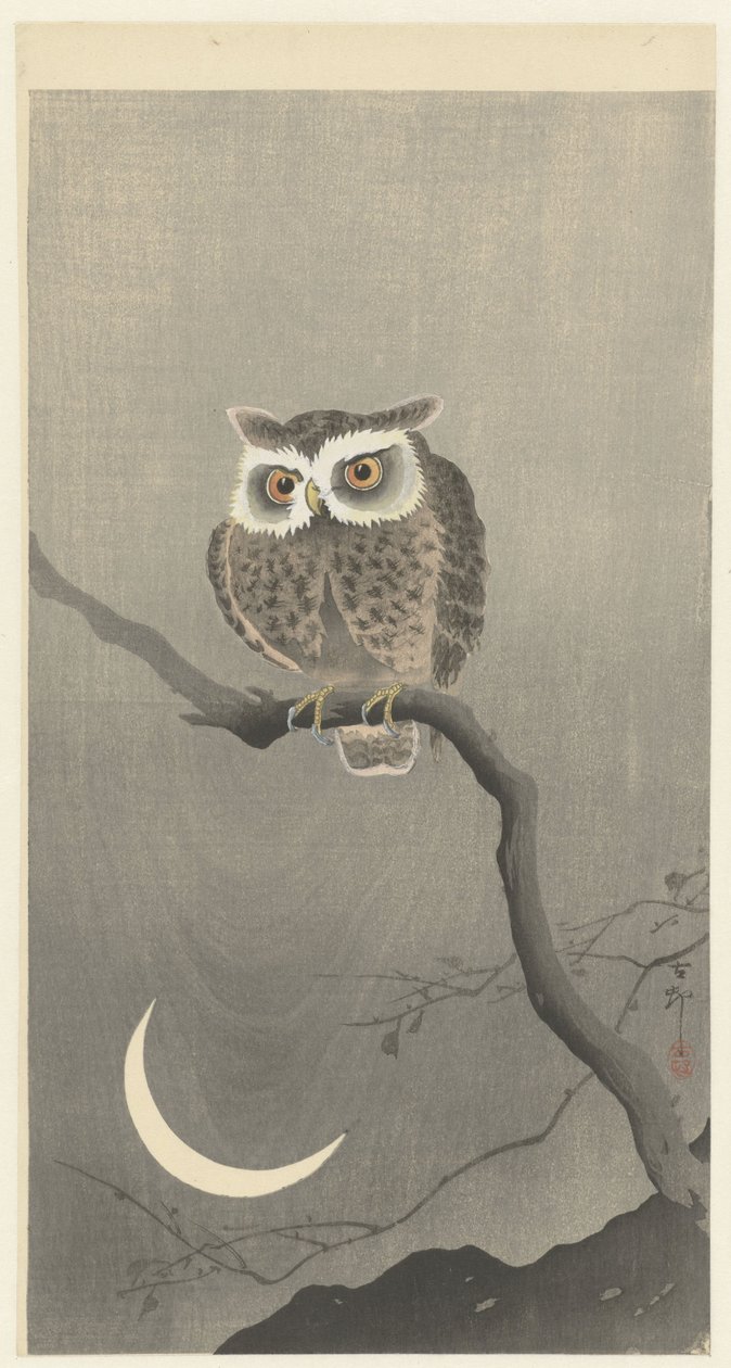 Scops uggla på en gren med halvmåne av Ohara Koson