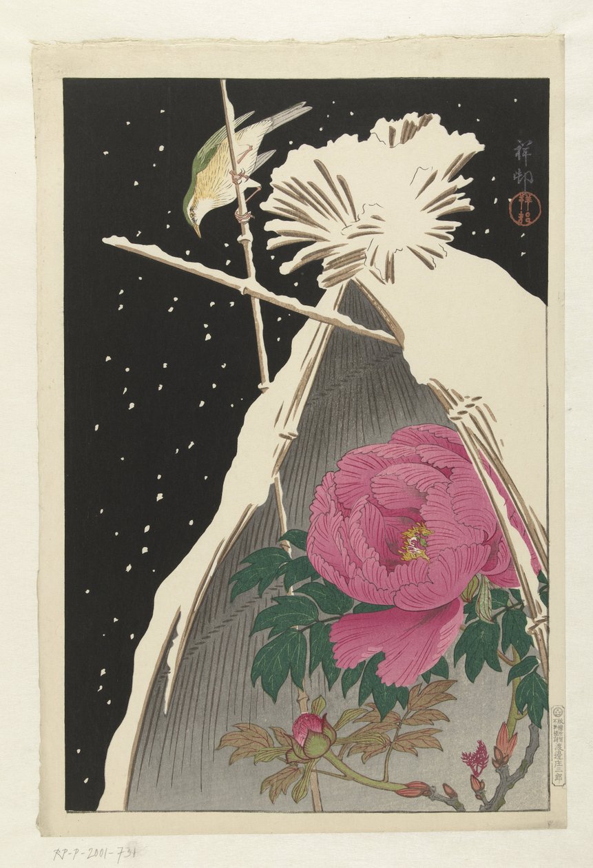 Siberian Bluechat bredvid en pion skyddad av en snötäckt hökärve av Ohara Koson