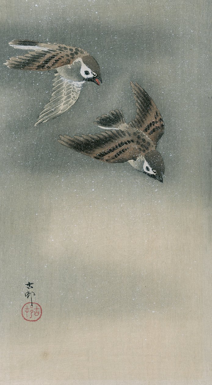 Sparvar under flygning (trätryck i färg) av Ohara Koson