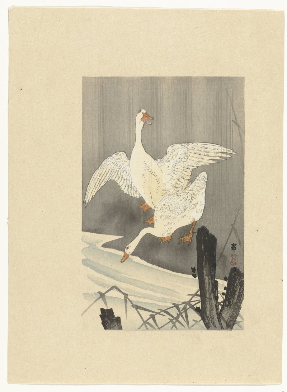 Två gäss vid en flod av Ohara Koson