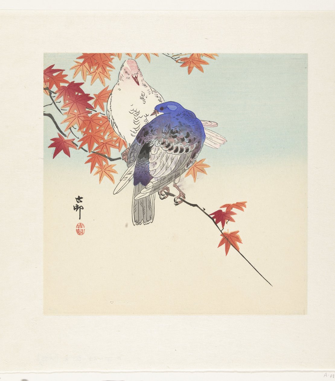 Två duvor på en gren med höstlöv av Ohara Koson