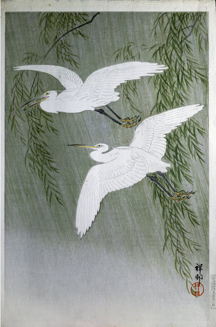 Två hägrar flyger fritt, 1907 (träsnitt i färg) av Ohara Koson