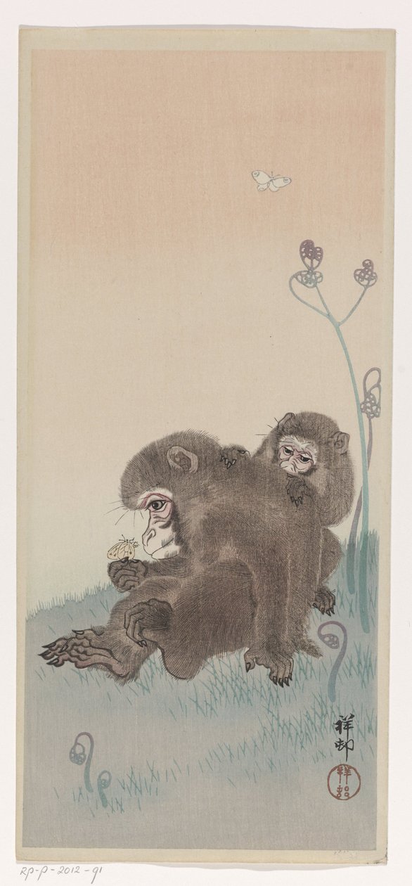 Två apor med en fjäril, ca 1900-45 (träsnitt i färg) av Ohara Koson