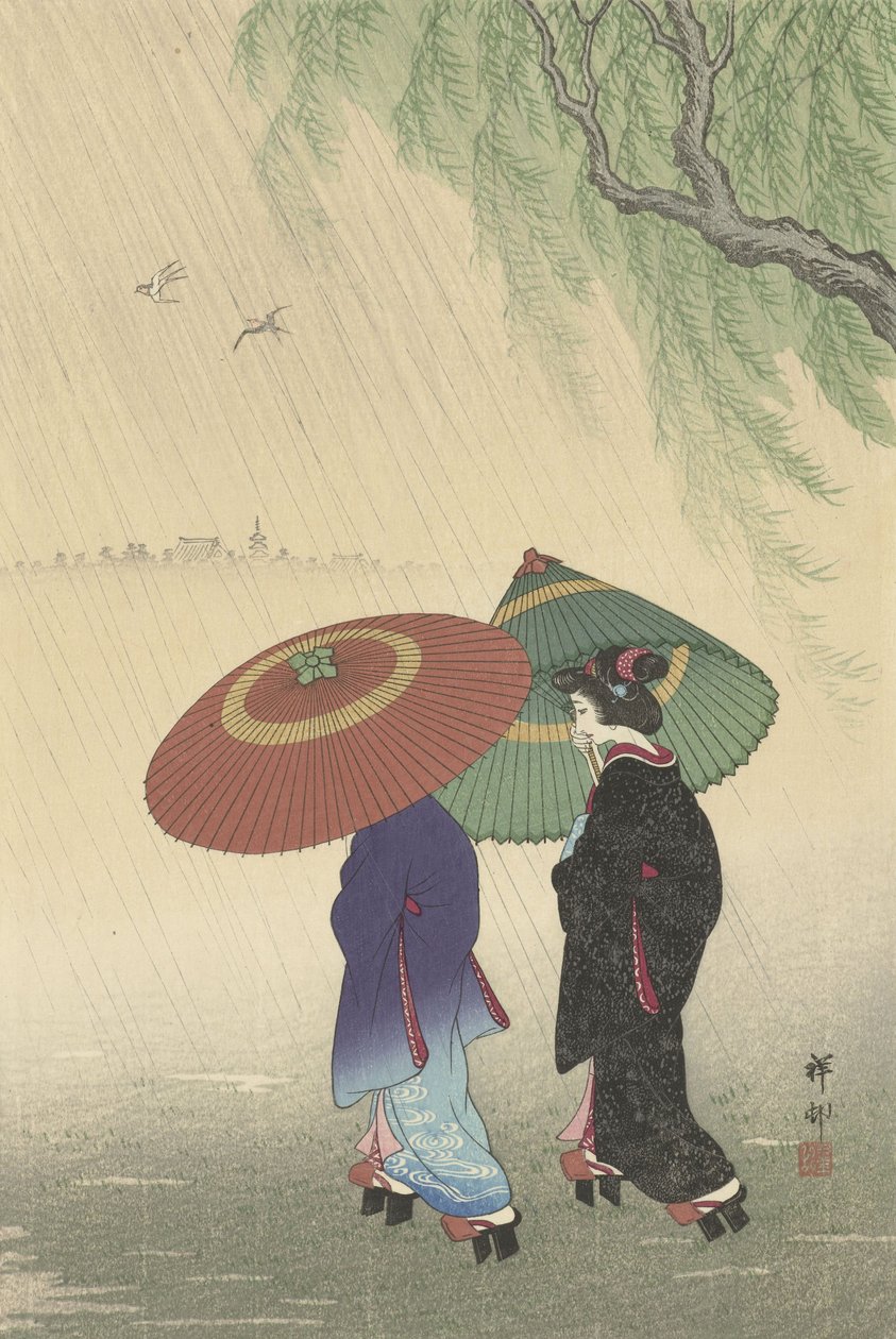 Två kvinnor i regnet, 1925-36 (träsnitt i färg) av Ohara Koson