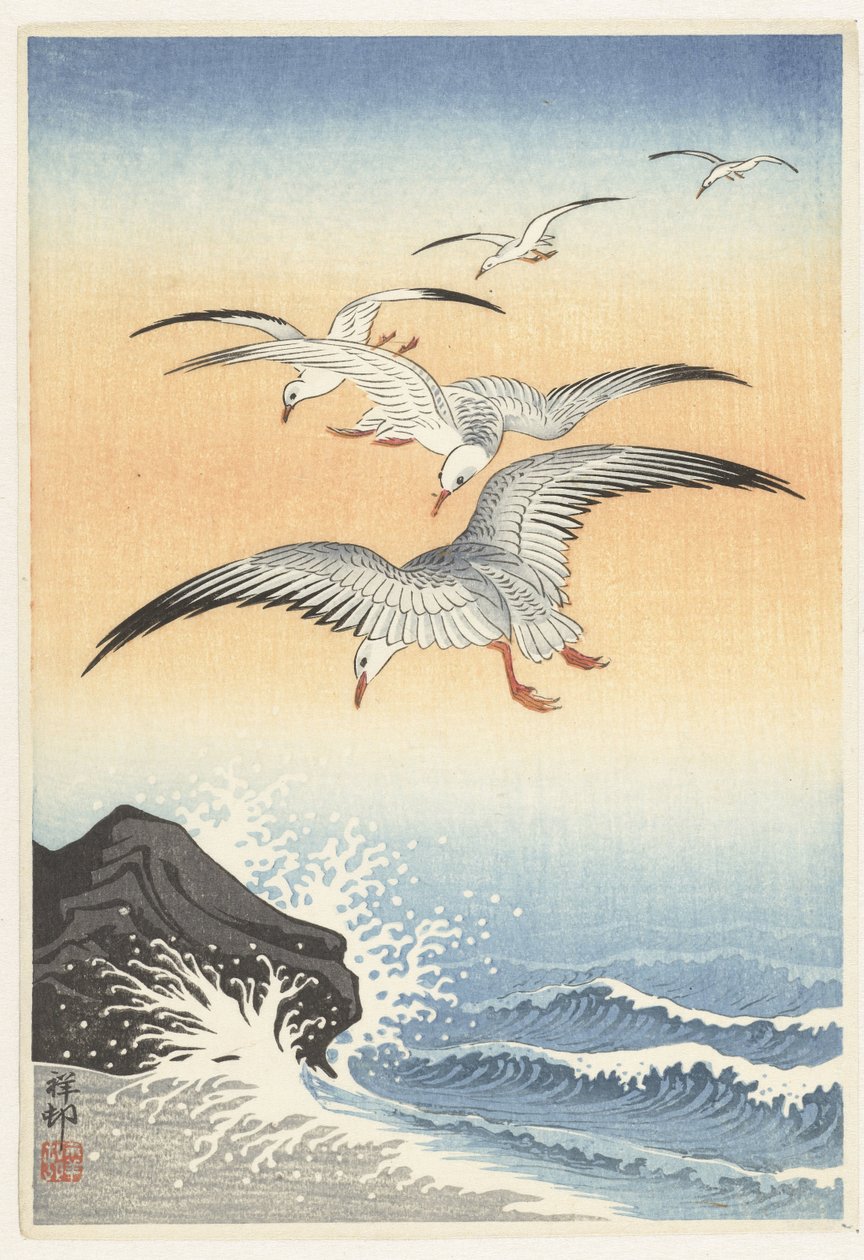 Fem måsar över turbulent hav av Ohara Koson