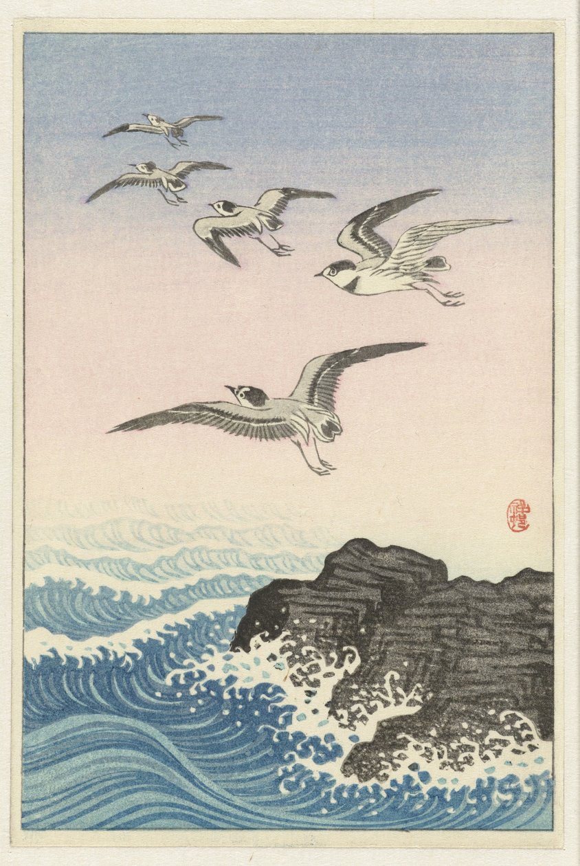 Fem måsar ovanför en sten i havet av Ohara Koson