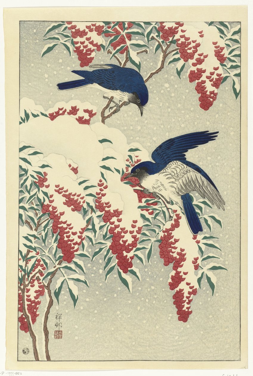 Flugsnappare på en nandinabuske av Ohara Koson
