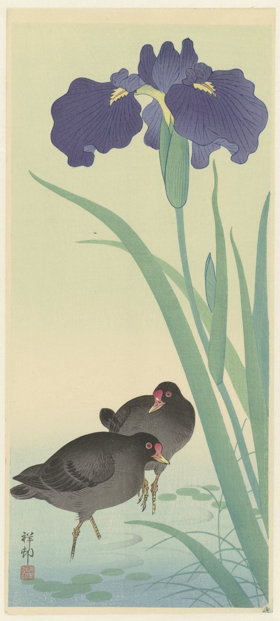 Morhöns och iris. av Ohara Koson