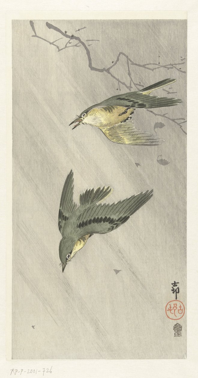 Sångfåglar i regn av Ohara Koson