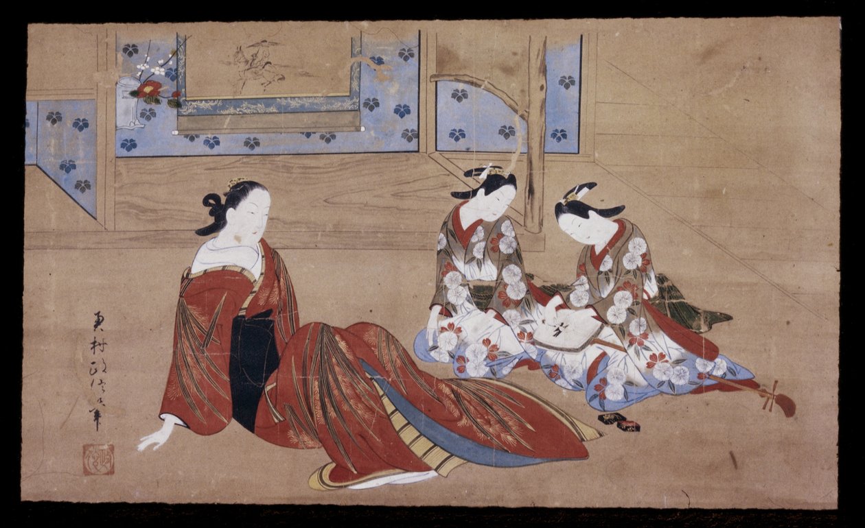 Nikuhitsu ukiyo-e: Courtesan and Two Attendants, ca. 1735 (bläck, färg och gofun på papper) av Okumura Masanobu