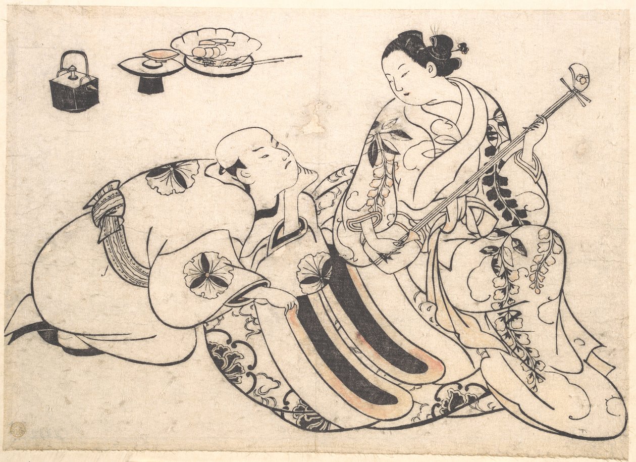 En knäböjande man som lutar sig framåt och lyssnar på en oiran som spelar shamisen av Okumura Masanobu