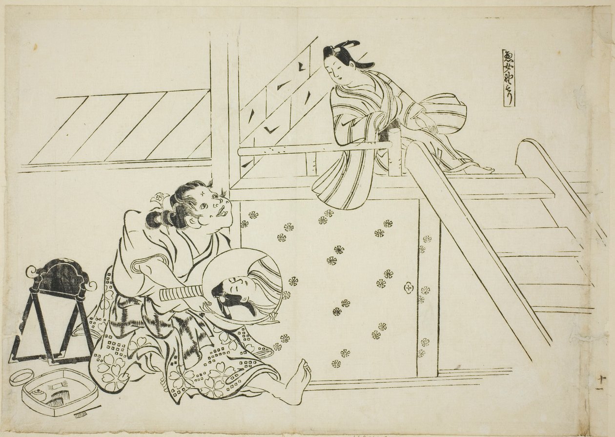 A Woman Nomori (Onna Nomori), nr. 11 från en serie om 12 tryck som föreställer parodier på pjäser av Okumura Masanobu