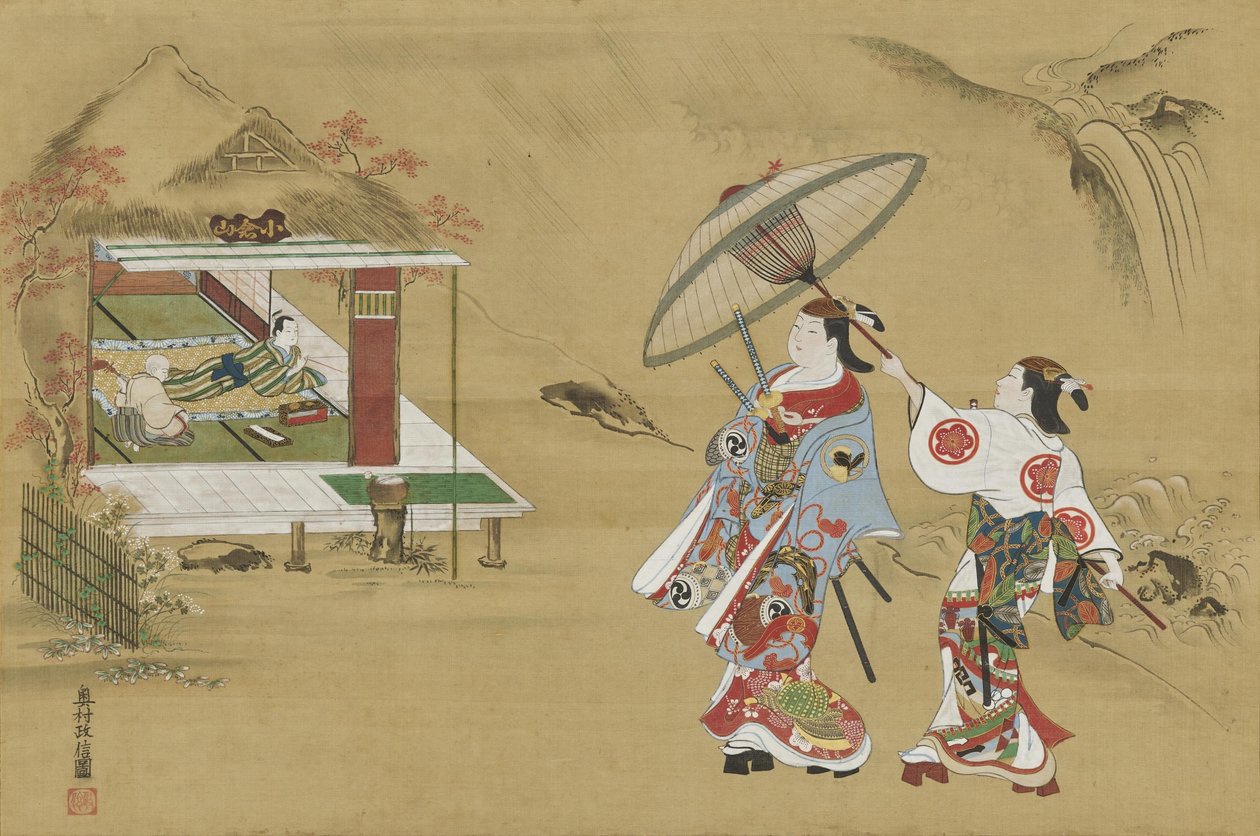 Anspelning på Fujiwara no Teikas stuga på berget Ogura av Okumura Masanobu