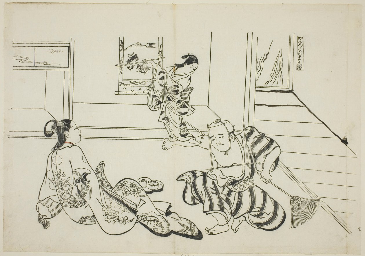 Barnskötare och skallig Tengu från berget Kurama (Kaburo Kurama Tengu), nr. 7 från en serie av 12 tryck som föreställer parodier på pjäser av Okumura Masanobu