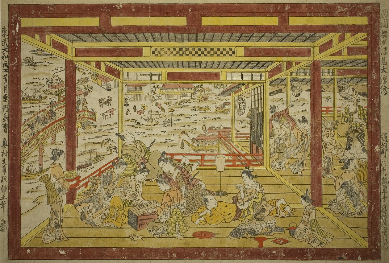 Njuter av den svala kvällen nära Ryogoku-bron av Okumura Masanobu