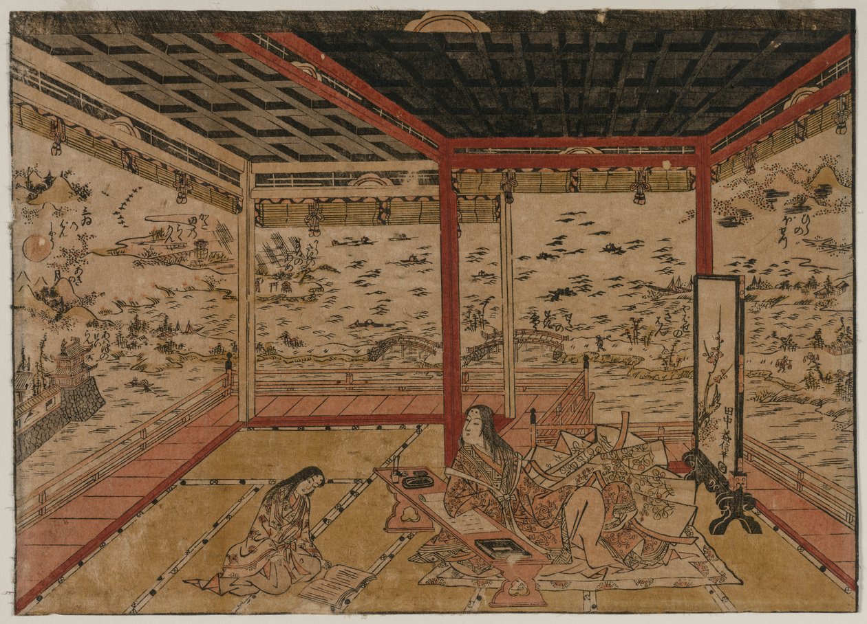 Lady Murasaki på Ishiyama med utsikt över en panorama med sju utsikter över sjön Biwa, 1740-talet. av Okumura Masanobu
