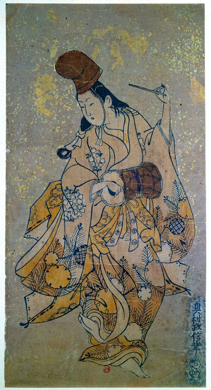 Musiker. Kvinna som spelar trumman. Japanskt tryck av Okumura Masanobu (1686-1764) av Okumura Masanobu