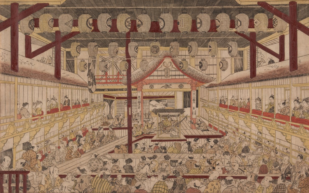 Perspektivvy av det inre av Nakamura-teatern med Ichikawa Ebizo II som Yanone Goro, 1740 av Okumura Masanobu