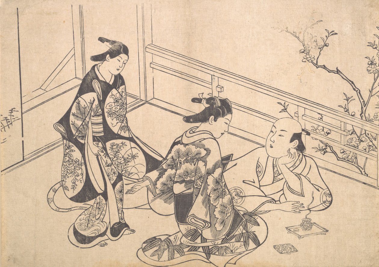 Skådespelaren Ichimura Takenojo liggande på en balkong, ca. 1715., ca. 1715. av Okumura Masanobu