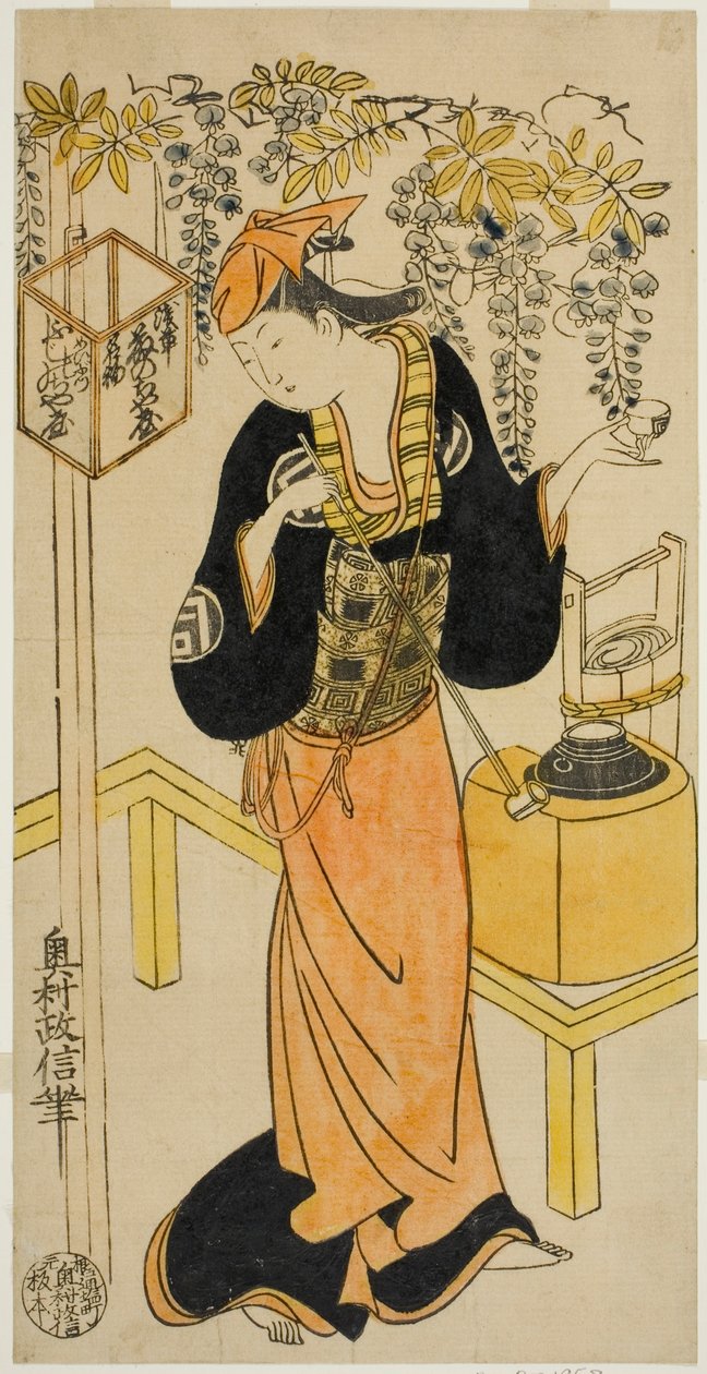 Skådespelaren Sanogawa Mangiku I som Ohatsu i pjäsen "Sogazaki Shinju", uppträdde på Nakamura Theatre den fjärde månaden, 1719 av Okumura Masanobu