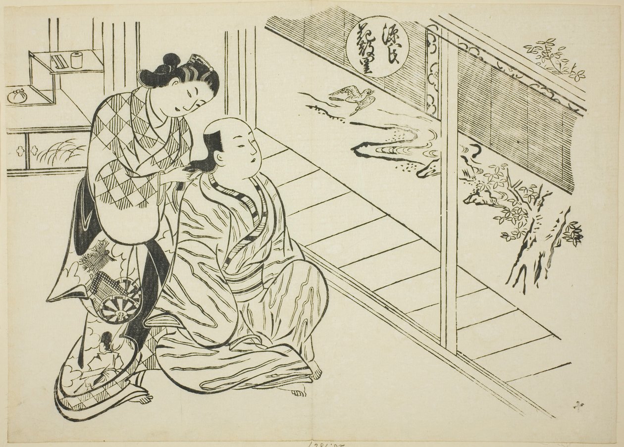 The Hanachirusato Chapter från "The Tale of Genji" (Genji Hanachirusato), från en serie Genji-parodier av Okumura Masanobu