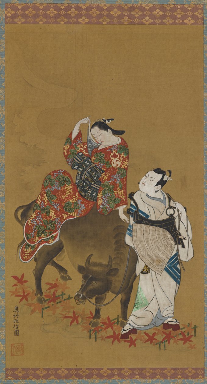 Två kabuki-skådespelare i rollerna som en kurtisan på en vattenbuffel och en resande präst, 1686-1764. av Okumura Masanobu